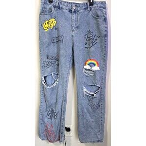 Romwe XL Graffiti Jeans Distressed Rainbow Cloud Streetwear Festival Y2K Style